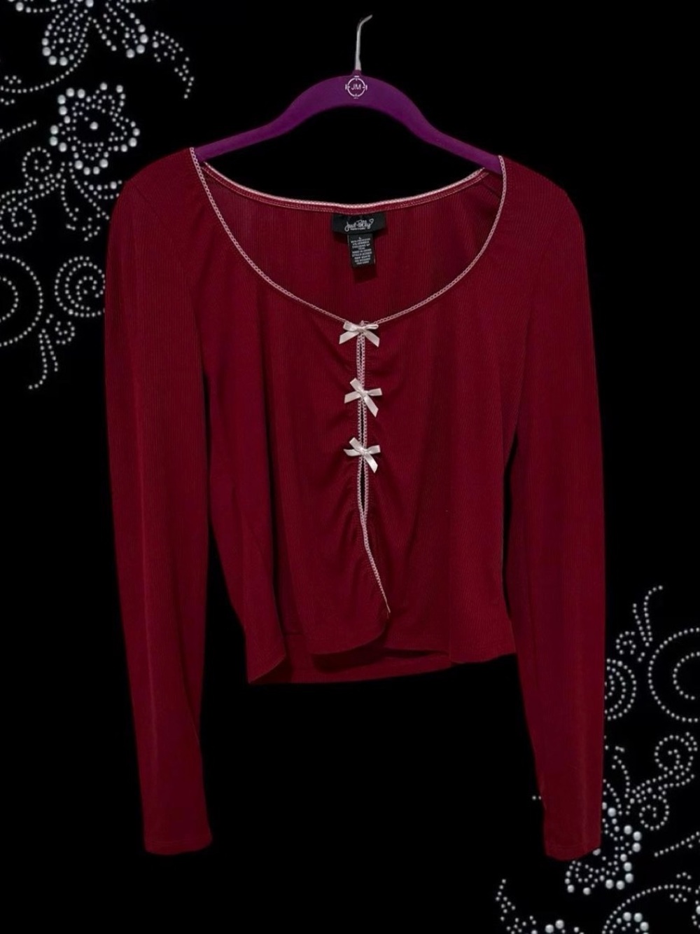 Women's Burgundy Long-Sleeve Ribbed Top with Contrast Bow Detail
